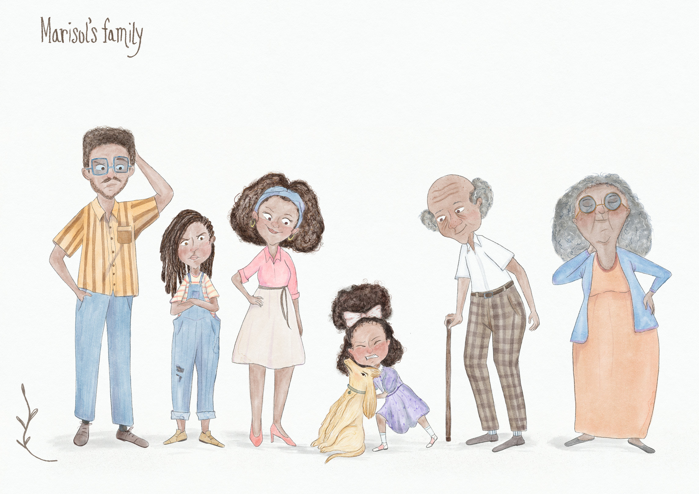 Marisol’s family, full body: father, sister, mother, Marisol hugging a dog, grandfather with a cane and grandmother