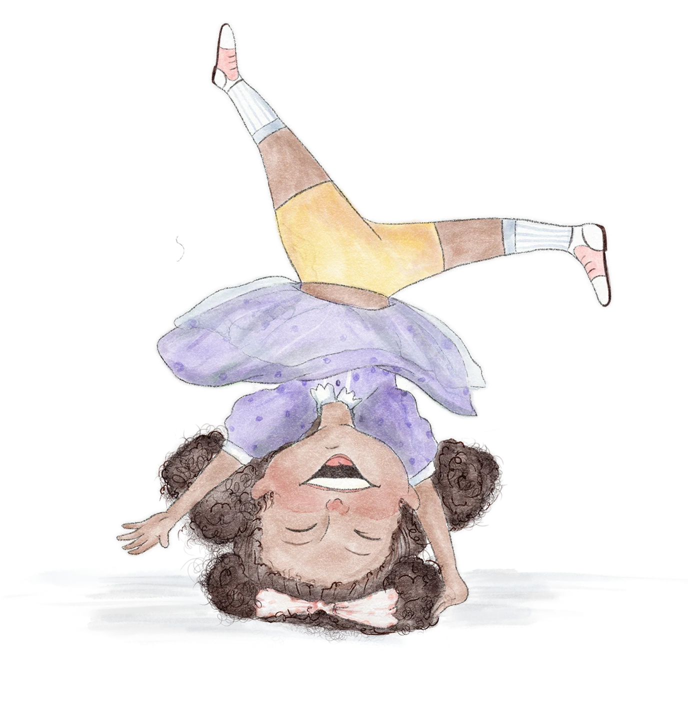 Marisol upside down, balancing on her head with her legs in the air, in a purple dress
