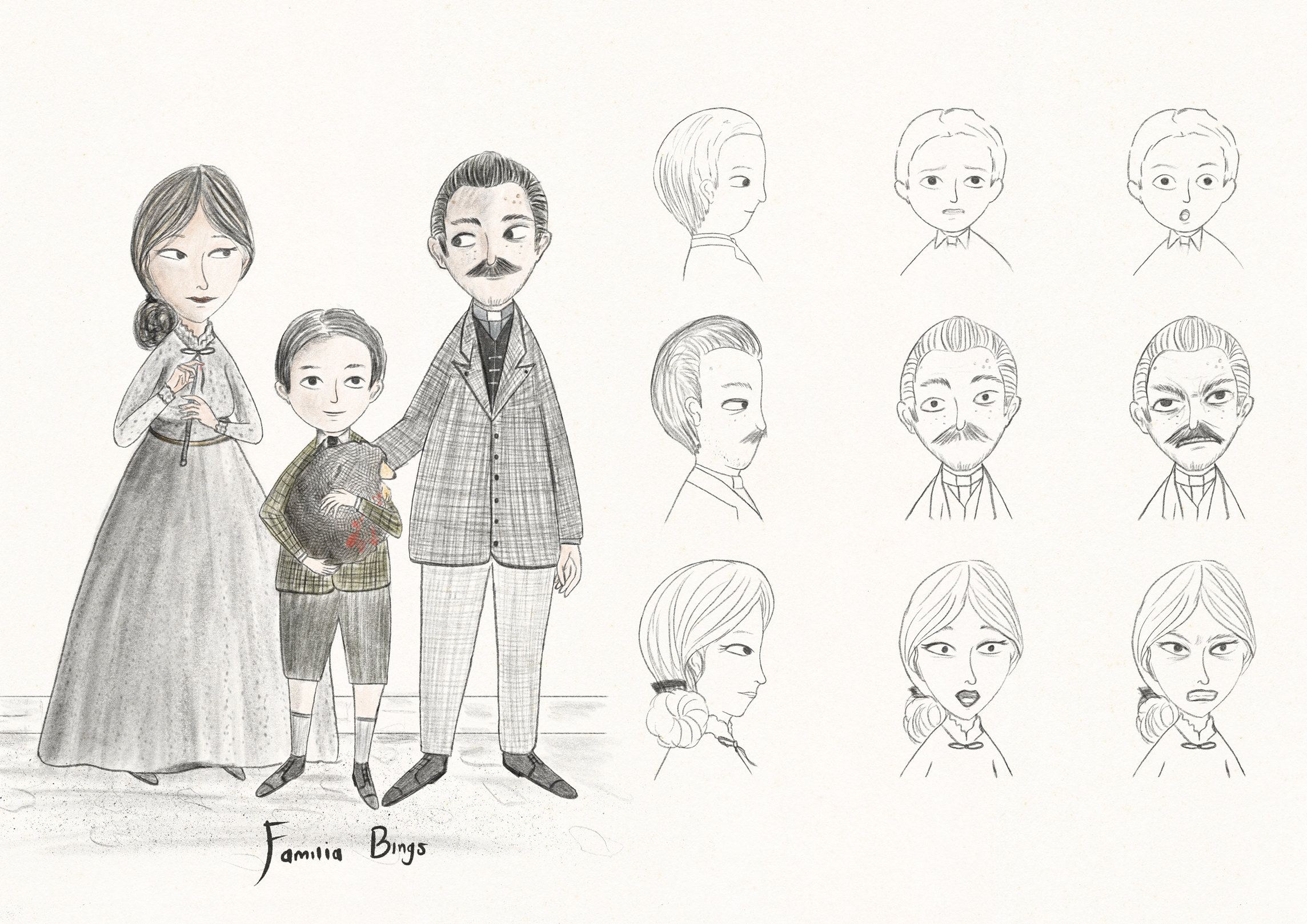 The Bings, a period family in graphite: mother, boy and father with a moustache, with profile and front head studies