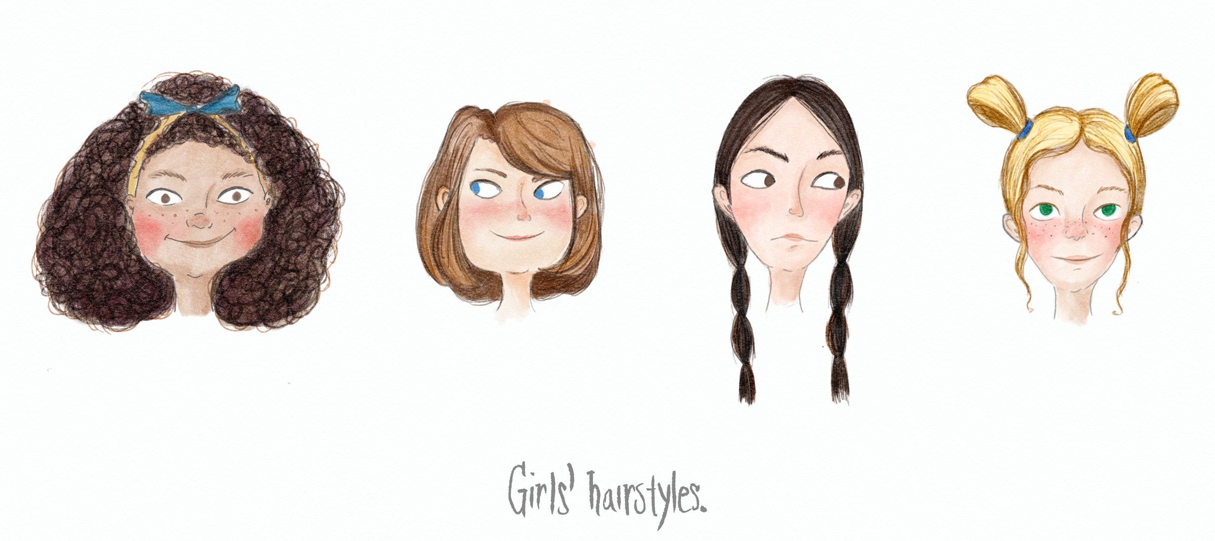 Girls’ hairstyles: four heads with different hairstyles