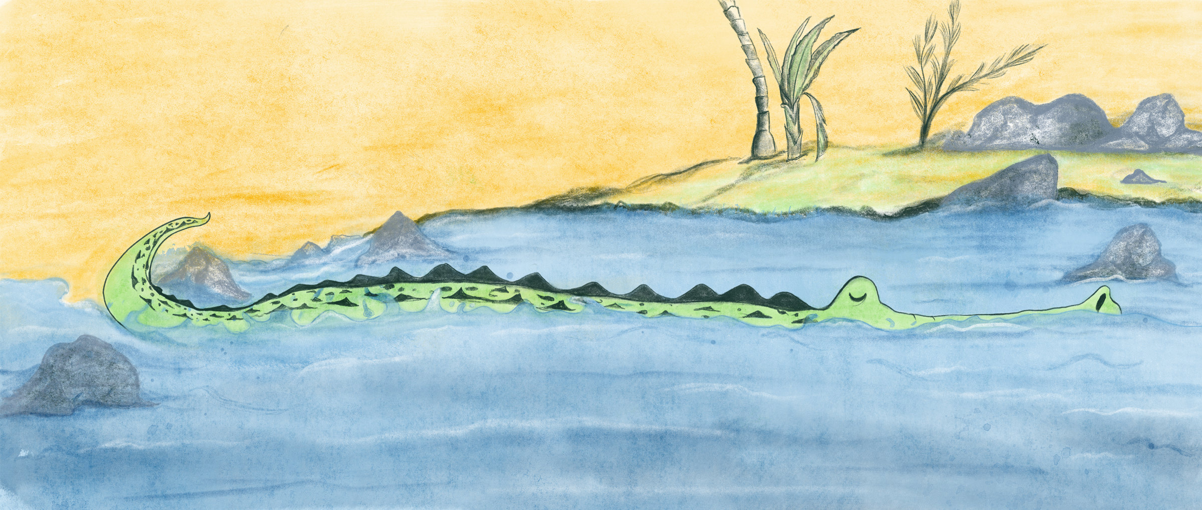 Interior spread: the crocodile swimming at sunset