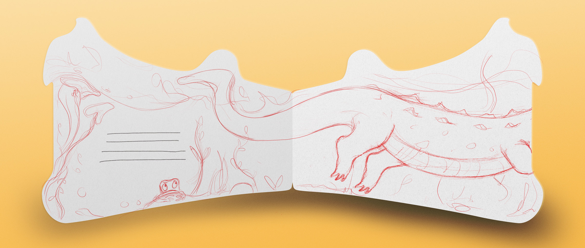 Process sketch: the crocodile’s body across the die-cut spread