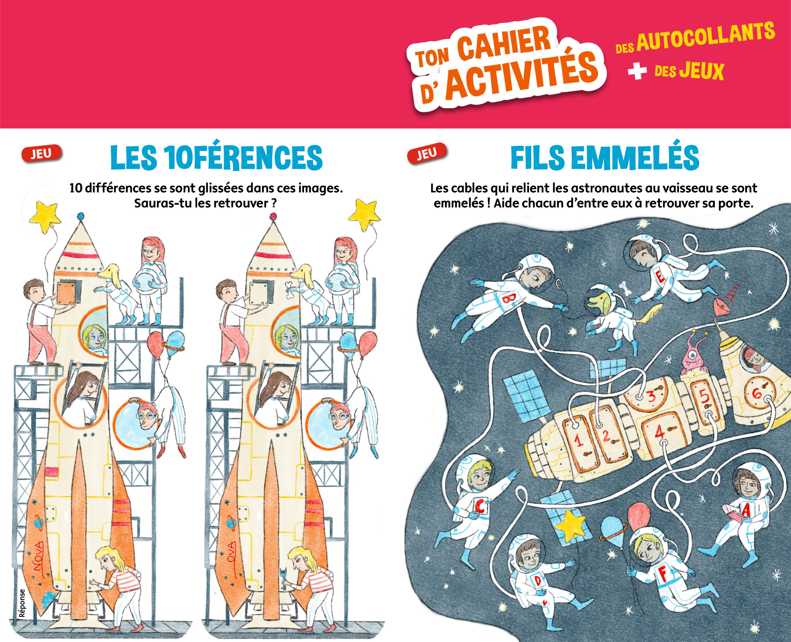 Activity spread in French: a spot-the-difference game with two rockets, and astronauts with tangled cables