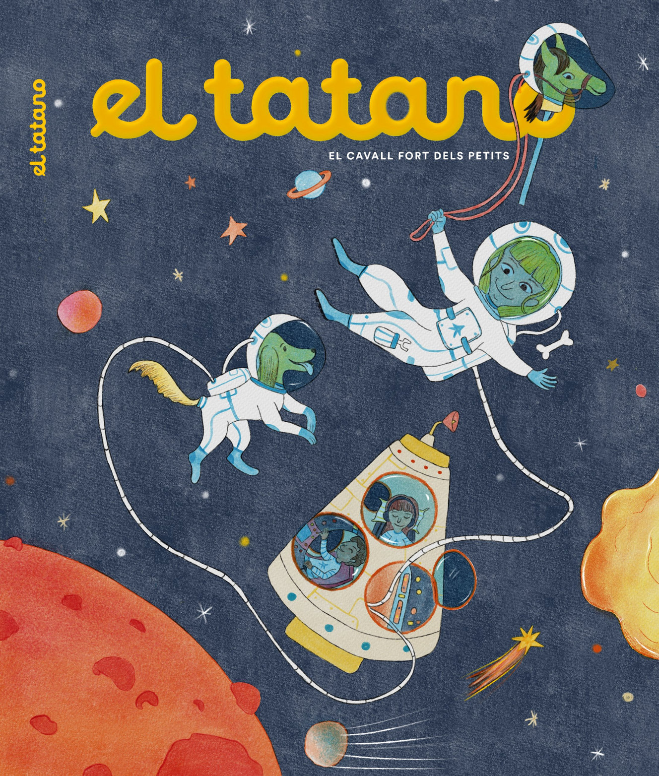 Cover of El Tatano magazine: a family of astronauts and their dog float in space around a rocket, with the little horse from the logo in a helmet