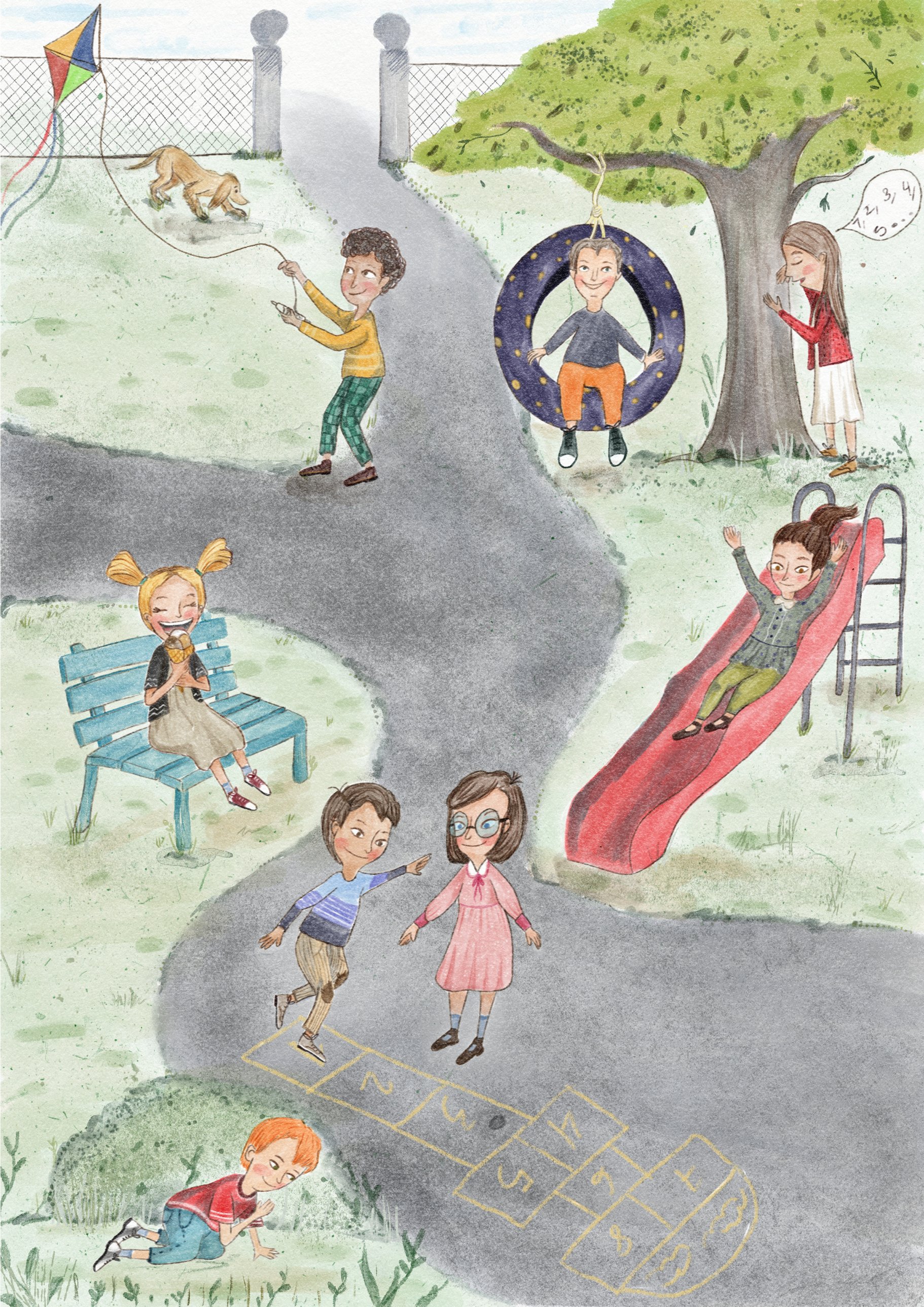 Playground scene: children playing hopscotch, on a tire swing, on the slide, on a bench and flying a kite