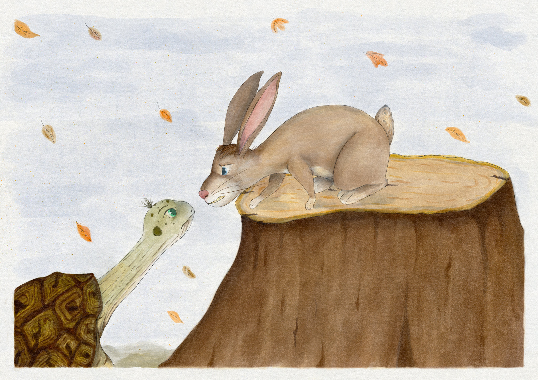 The challenge: the hare on a tree stump and the tortoise face to face, with autumn leaves falling