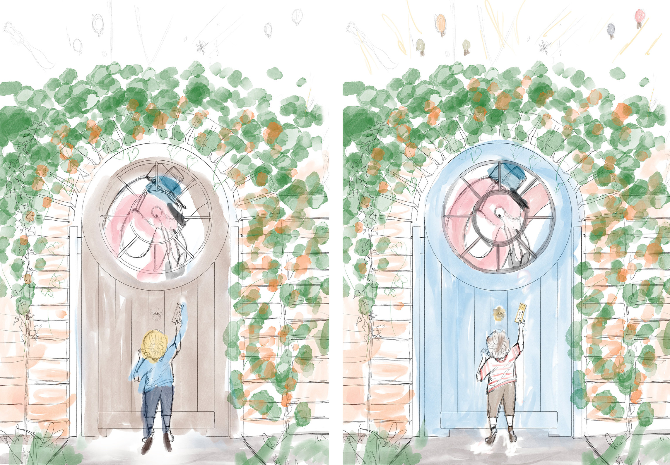 Two color tests side by side: one with a brown door and one with a blue door