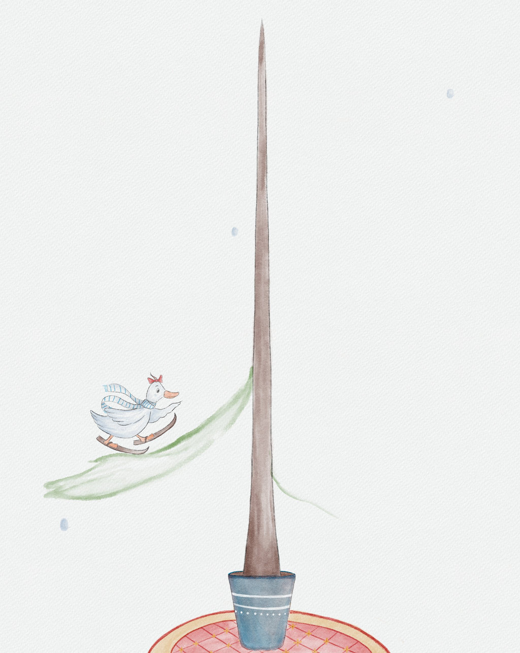 Page 1: a long, thin trunk in a blue pot with a single branch and a goose on skis