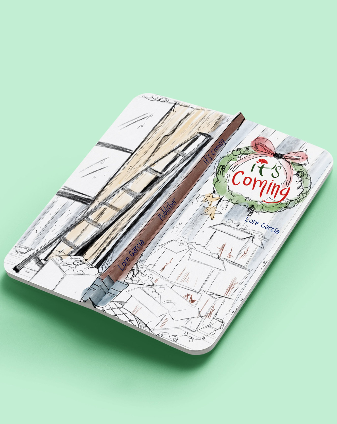 Mockup of the closed book with a wreath and the title It’s Coming