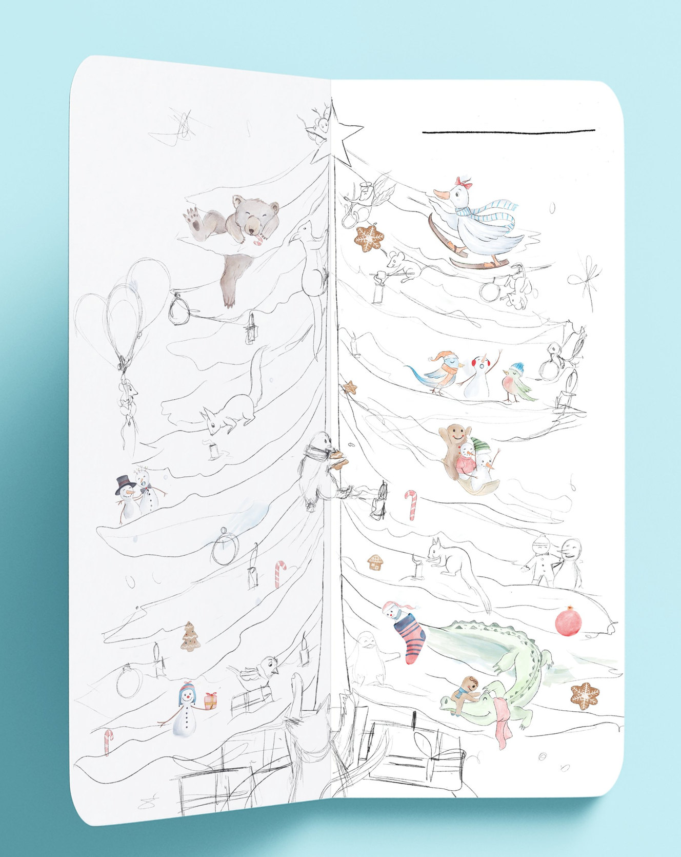 Mockup of the open book with a pencil sketch of the tree