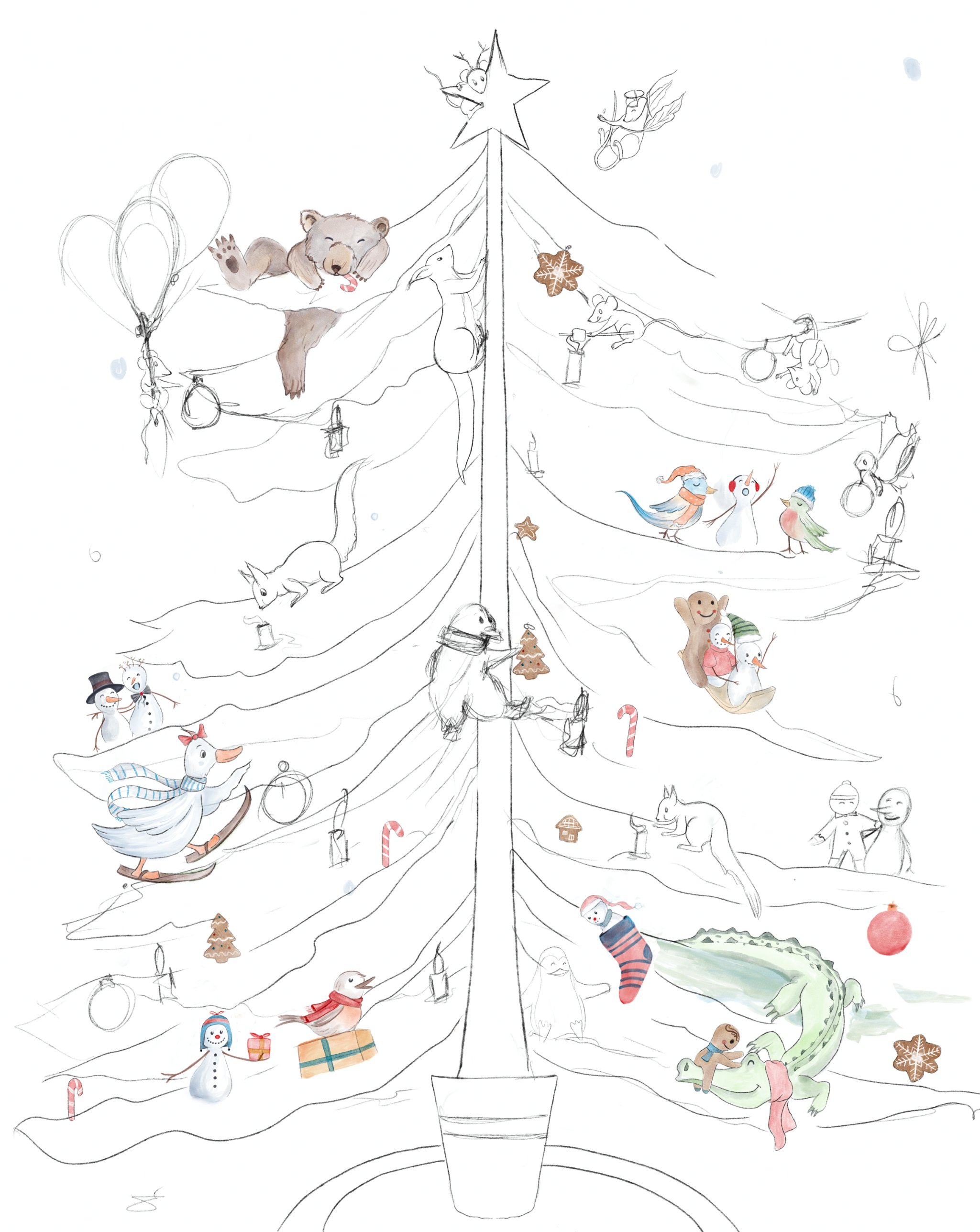 Pencil sketch of the complete tree with a star on top, balloons on the left and a few colored animals