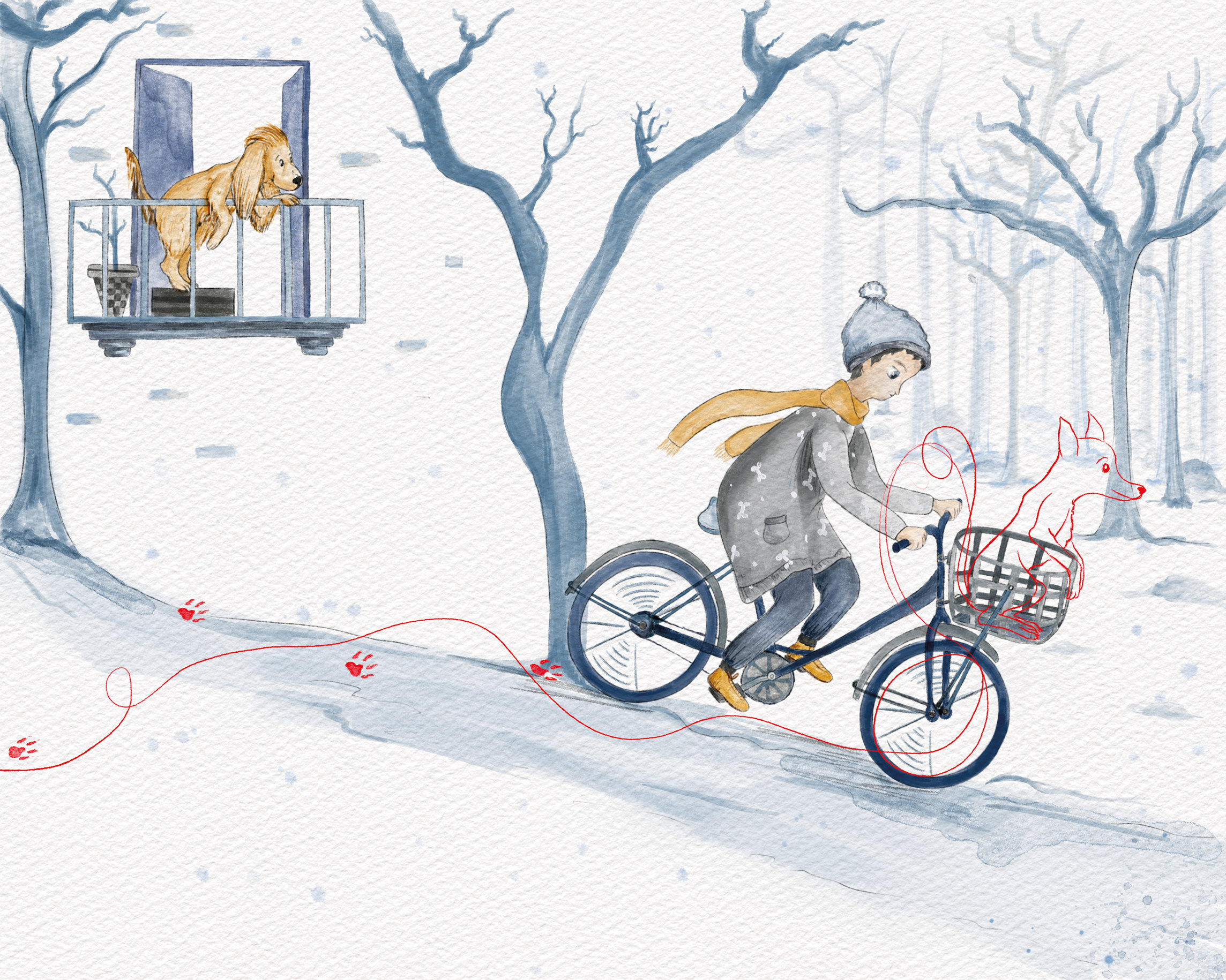 A boy in a grey hat and yellow scarf rides his bike through a snowy park, followed by a dog drawn in red line; a golden dog watches from a balcony
