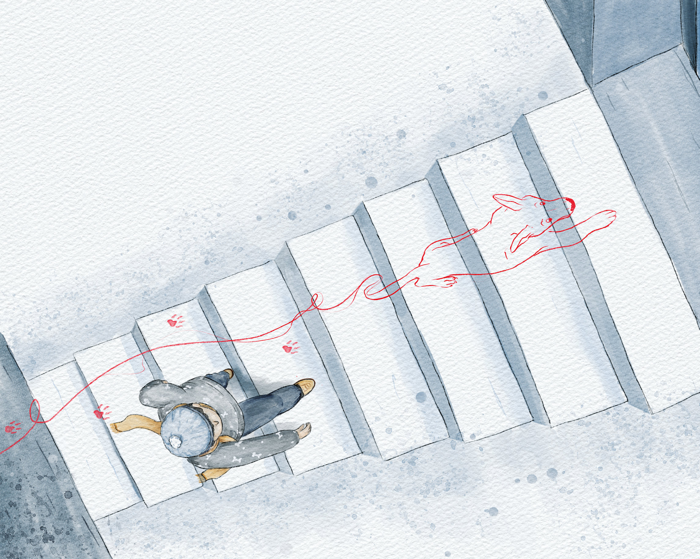 Seen from above: the boy climbs a white staircase while a red-line dog runs ahead, leaving red paw prints