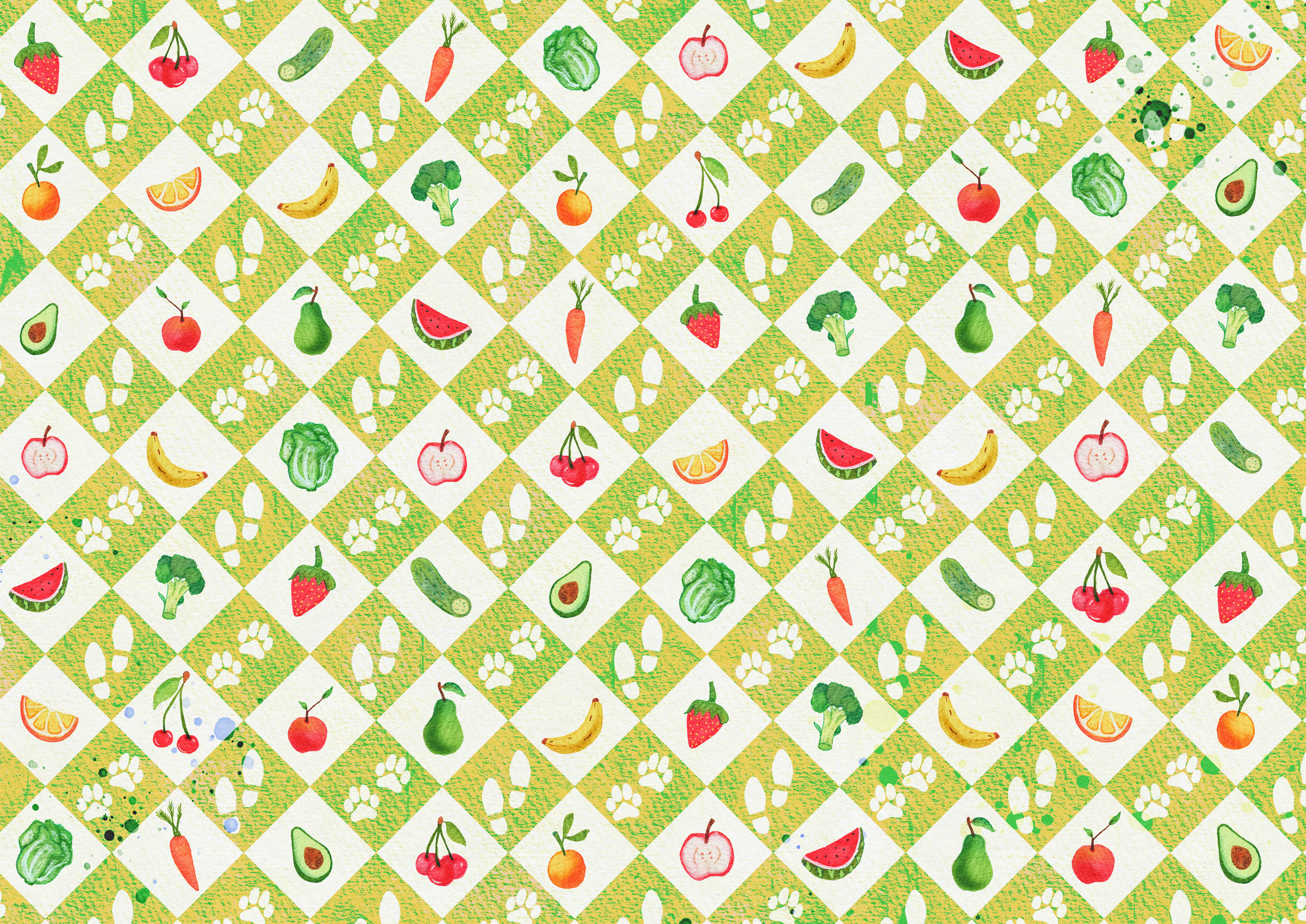 Endpapers: green diamond pattern with fruits, vegetables and footprints