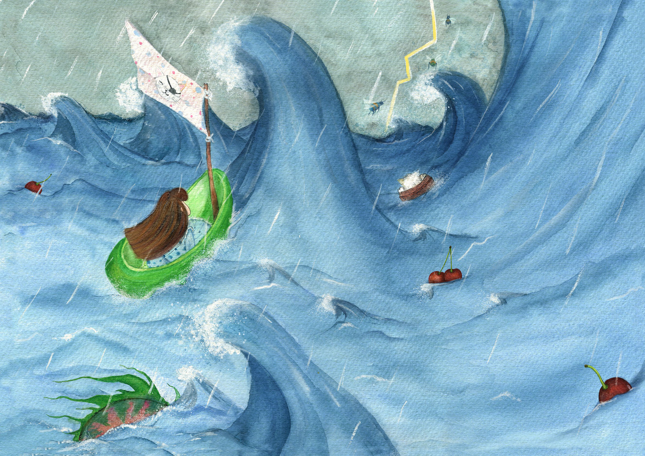 Pages 26–27: a storm at sea; the girl sails an avocado raft
