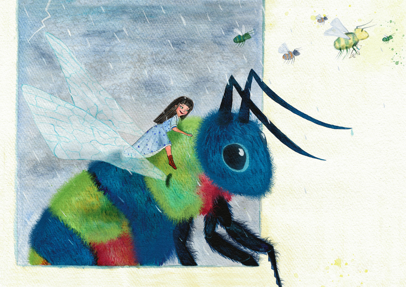 Pages 28–29: the girl rides a blue, green and red bumblebee in the rain