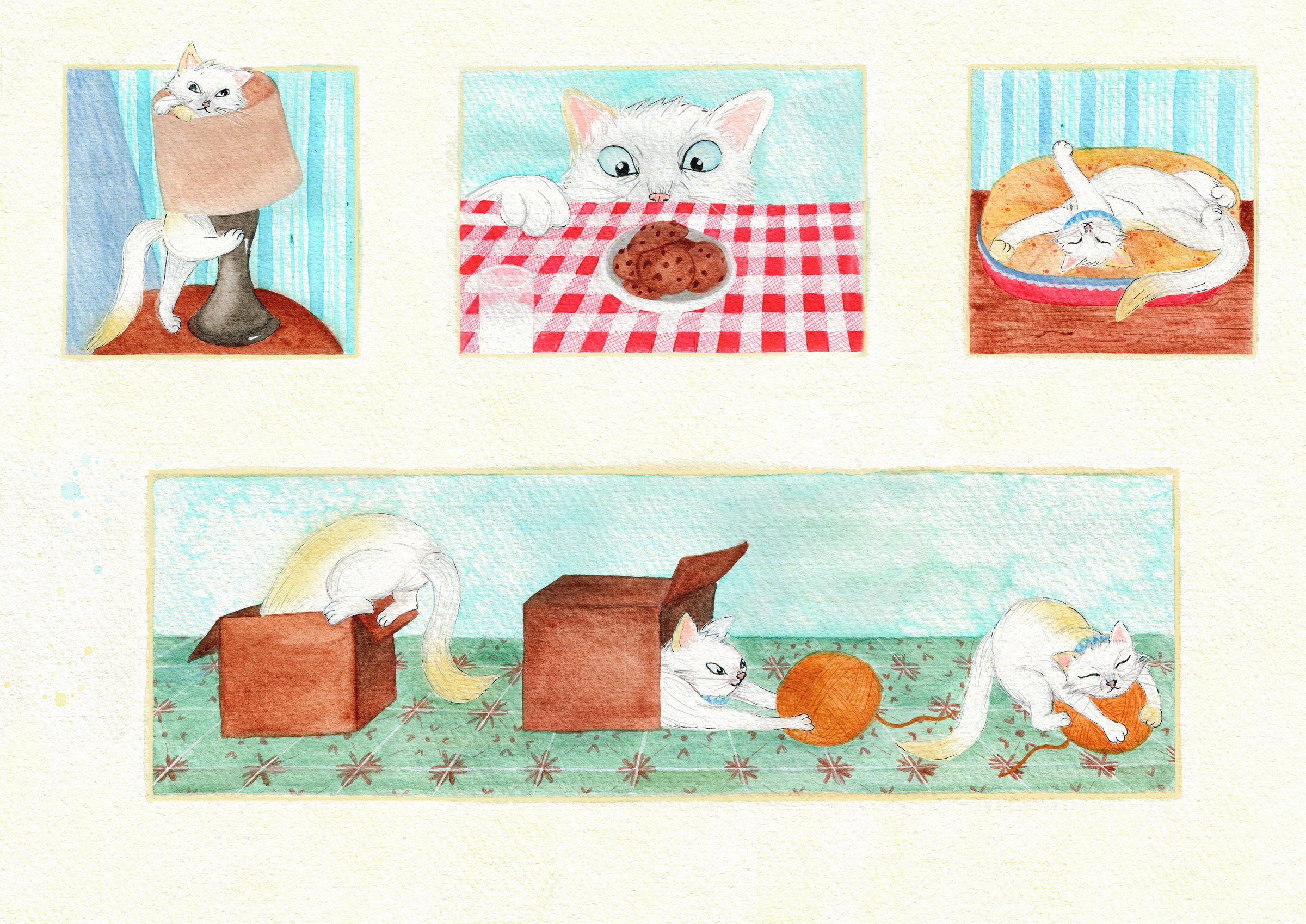 Pages 8–9: vignettes of a white cat with a lamp, a cookie, a bed, boxes and a ball of yarn
