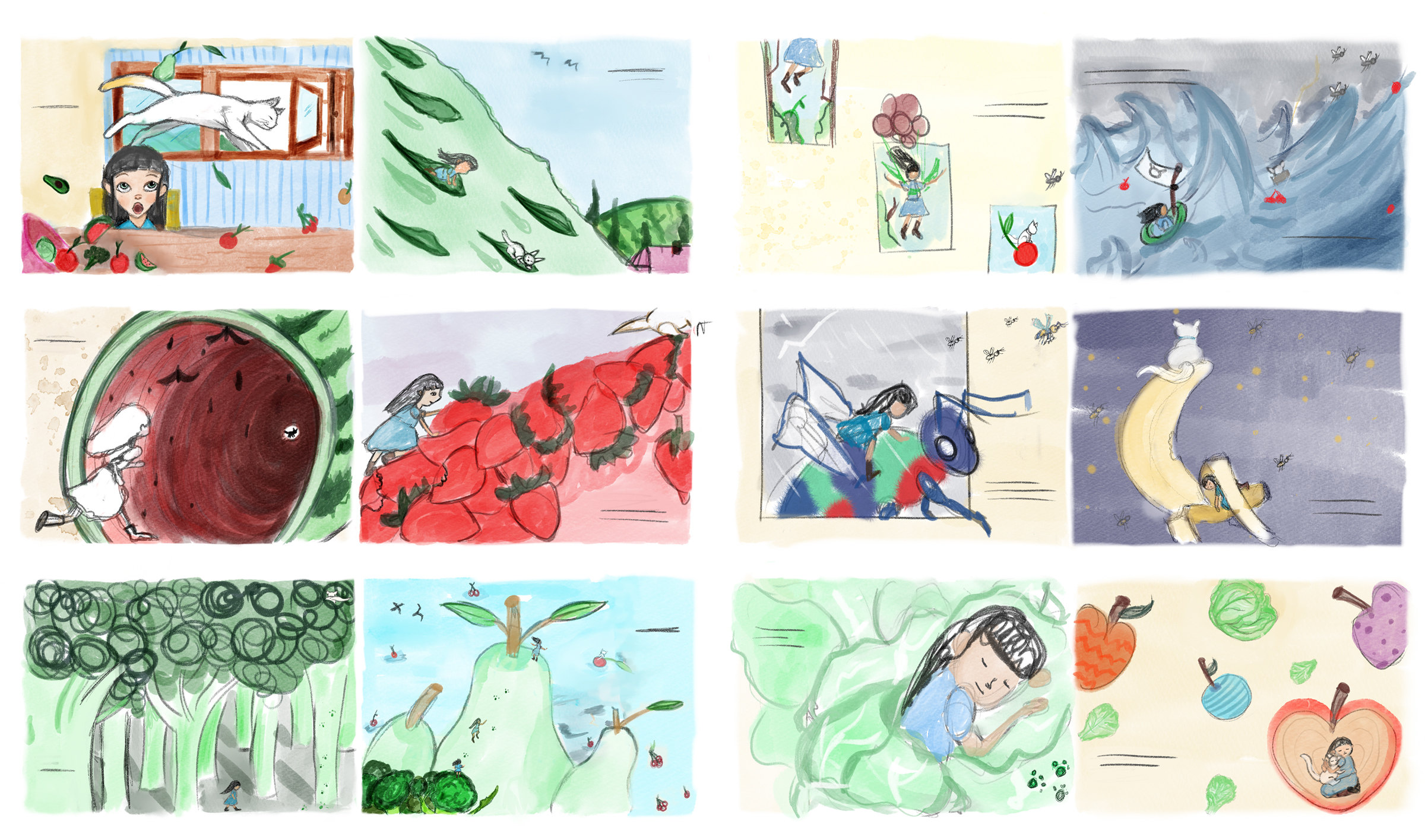 Storyboard: twelve colour thumbnails of the book in crayon line