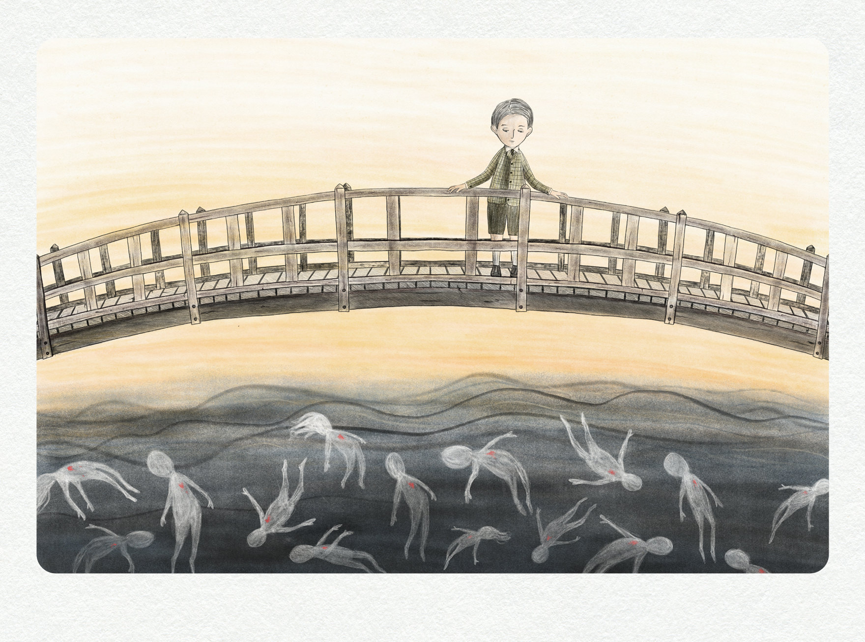 A boy on a wooden bridge looks down at pale figures floating in the dark water