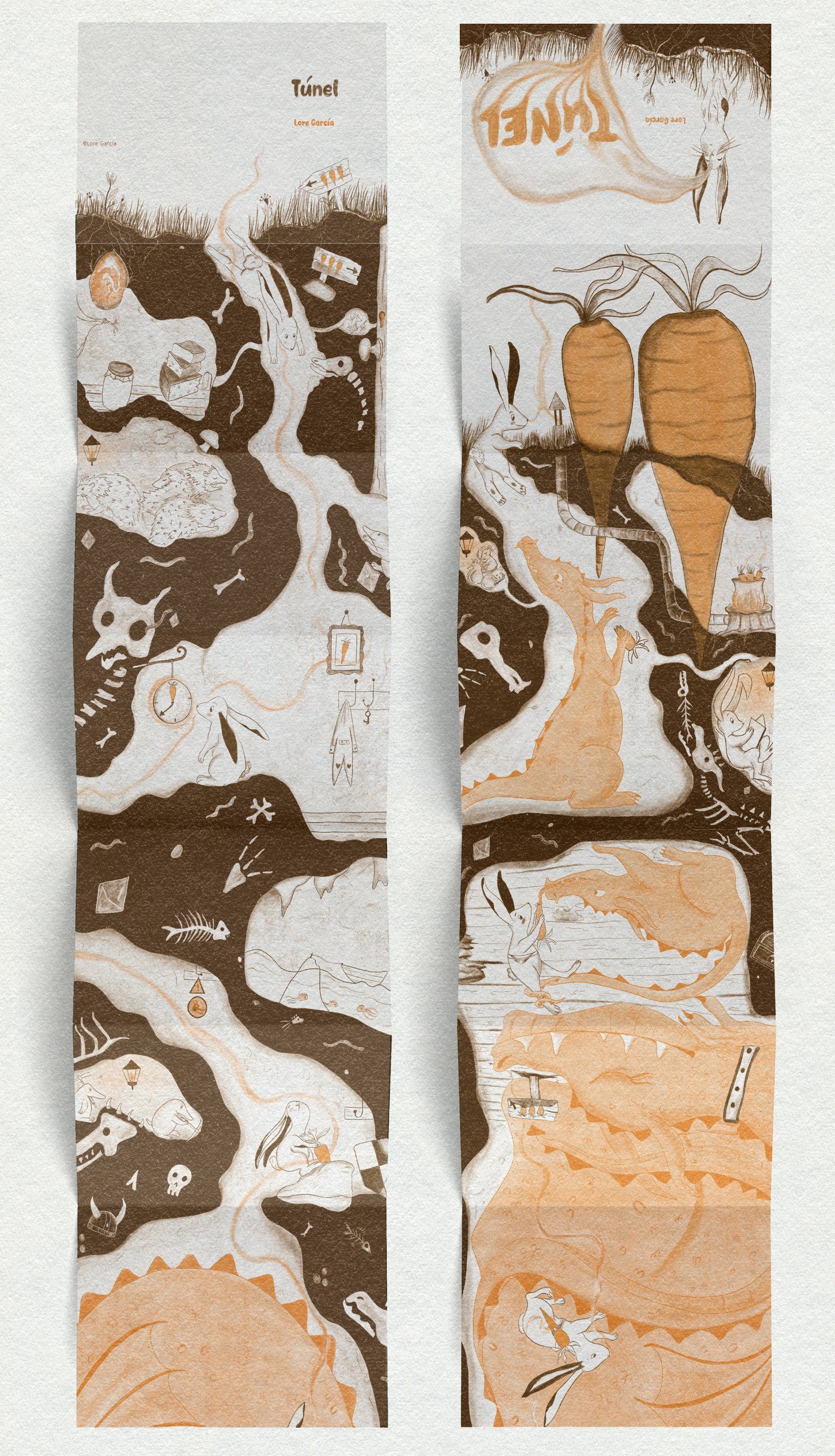 Both sides of the accordion unfolded side by side: tunnels, animals, bones, giant carrots and an orange dragon